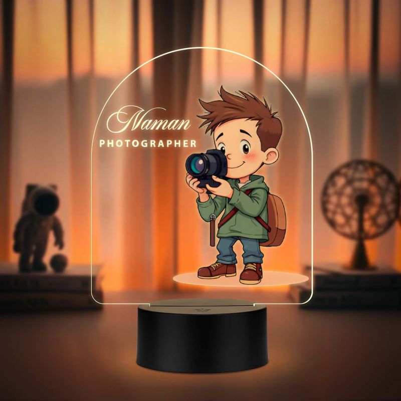 Personalized Photographer LED Night Light, Cartoon Boy with Camera Design, Warm White Acrylic Lamp Gift for Photographer Office & Home Decor Light
